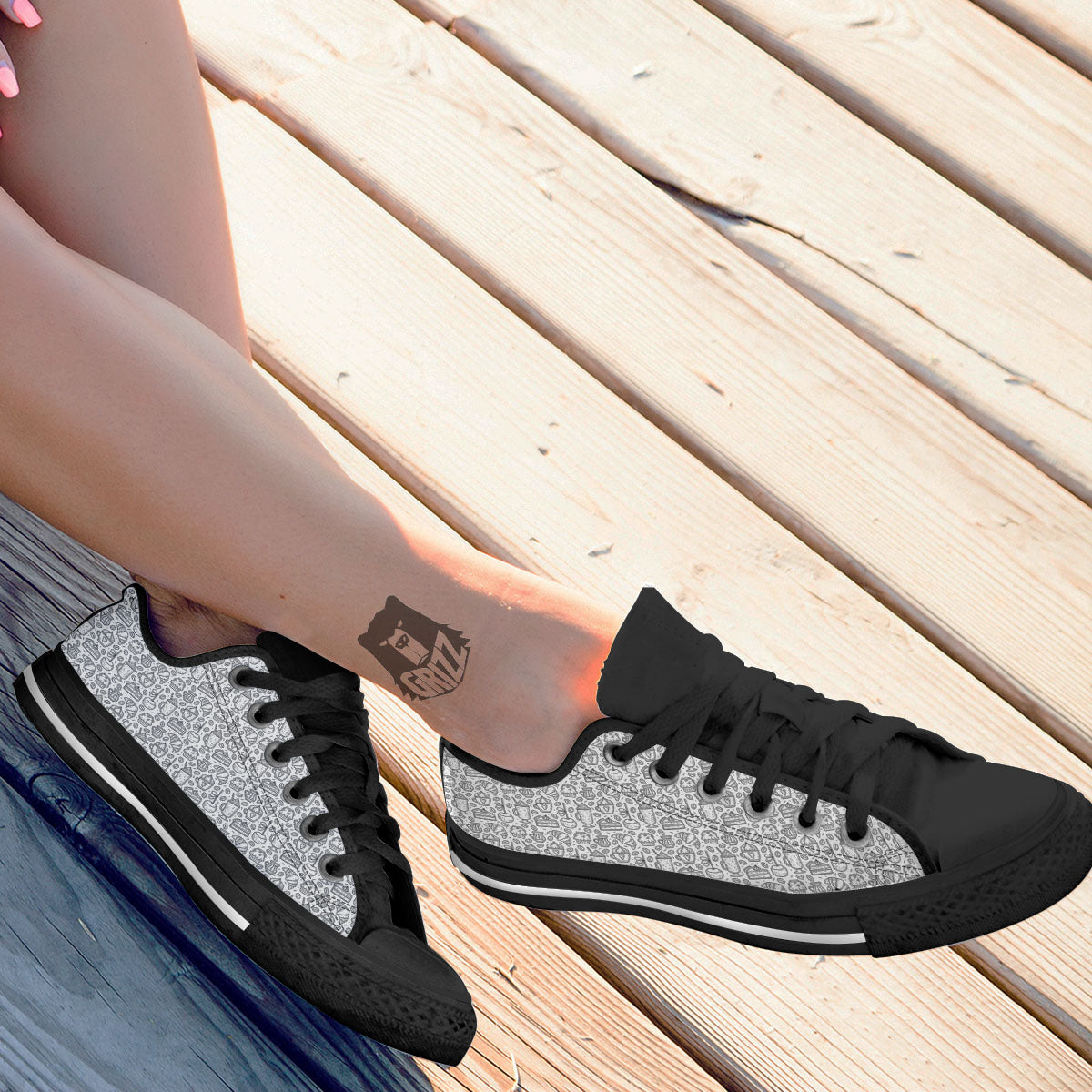 Drawing Dessert And Coffee Print Pattern Black Low Top Shoes-grizzshop