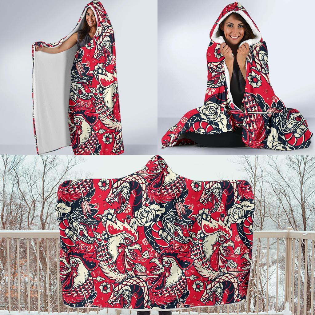 Drawing Farm Chicken Hen Pattern Print Hooded Blanket-grizzshop