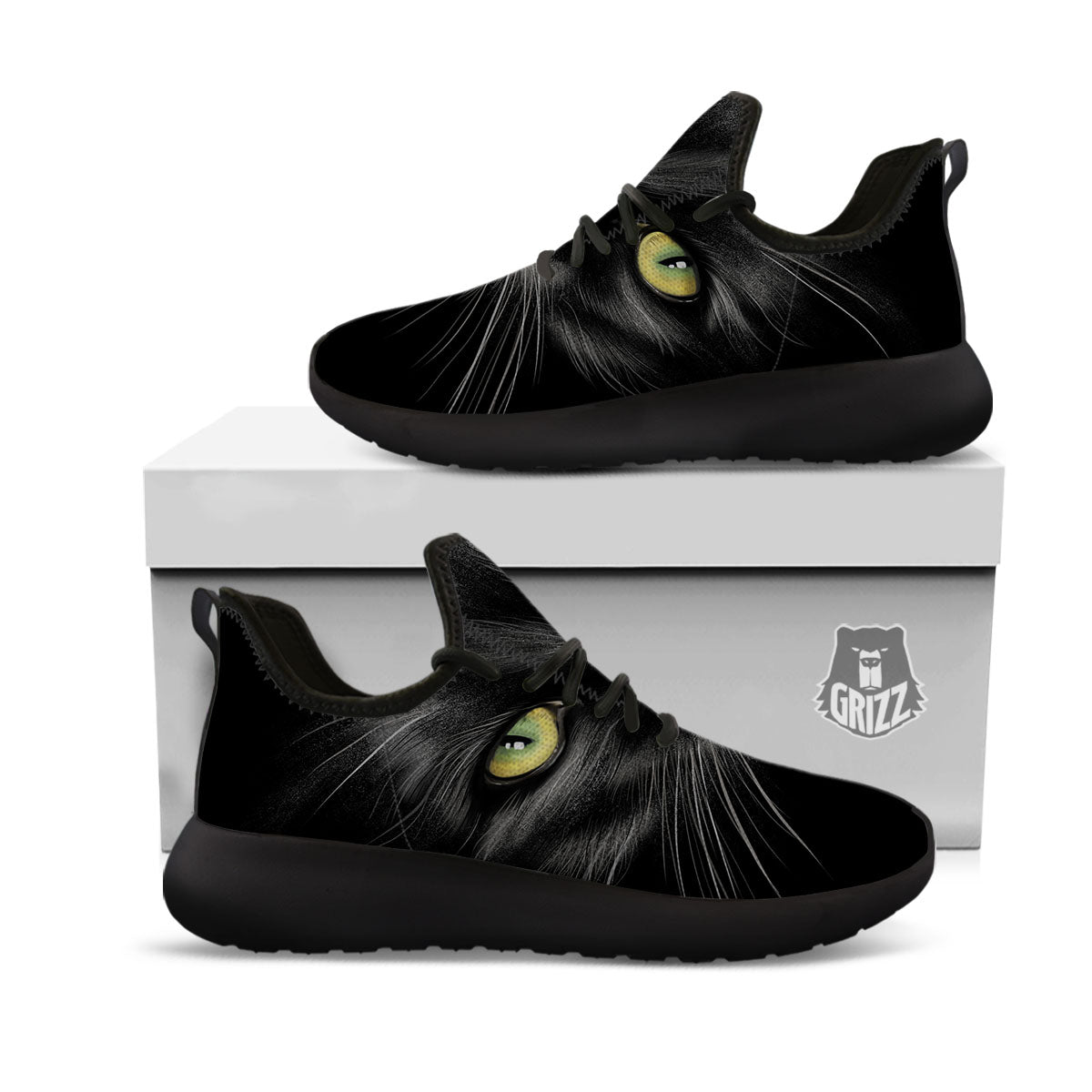Drawing Portrait Black Cat Print Black Athletic Shoes-grizzshop