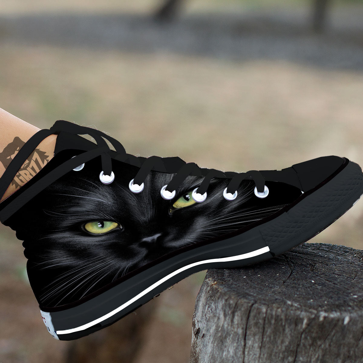 Drawing Portrait Black Cat Print Black High Top Shoes-grizzshop