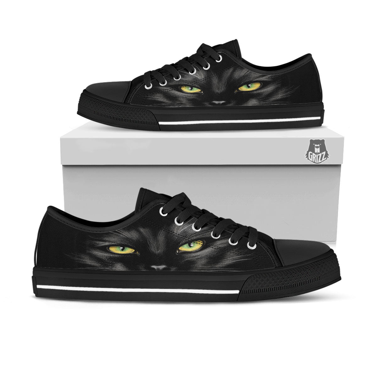 Drawing Portrait Black Cat Print Black Low Top Shoes-grizzshop