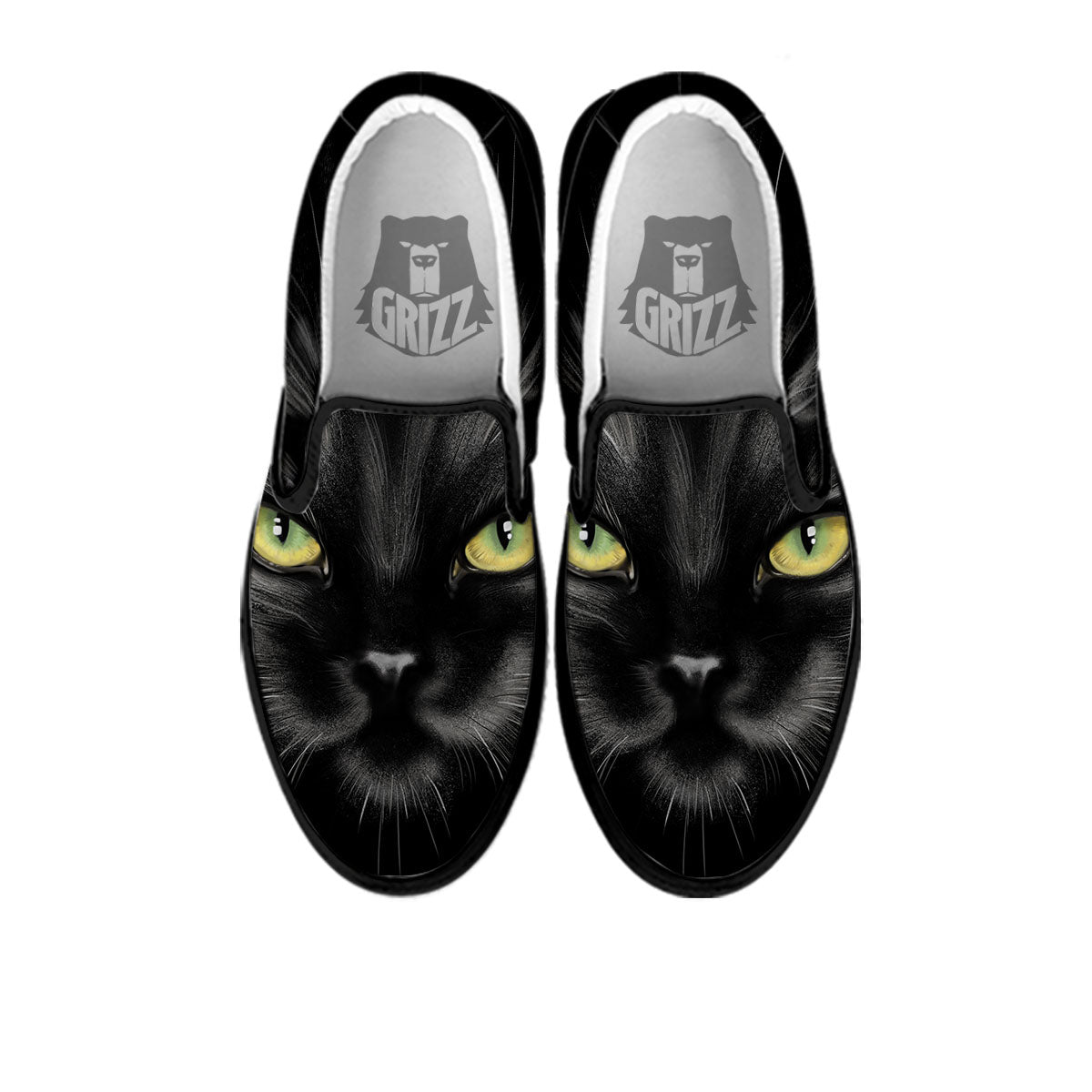 Drawing Portrait Black Cat Print Black Slip On Shoes-grizzshop