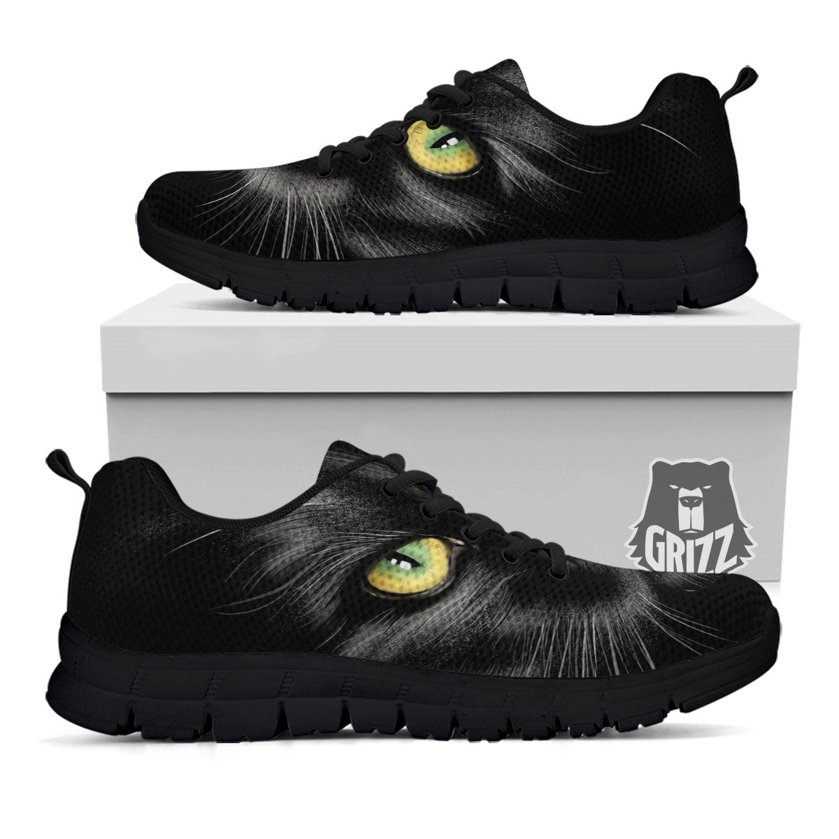 Drawing Portrait Black Cat Print Black Sneaker-grizzshop