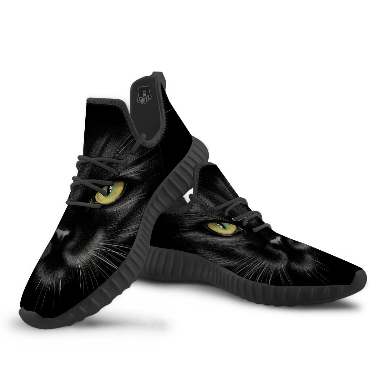 Drawing Portrait Black Cat Print Black Walking Shoes-grizzshop