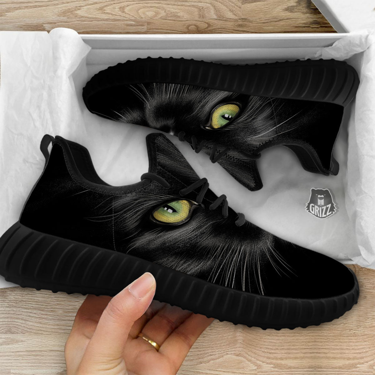 Drawing Portrait Black Cat Print Black Walking Shoes-grizzshop