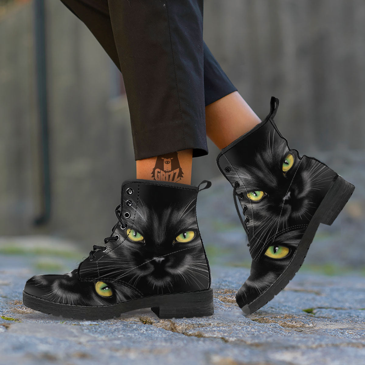 Drawing Portrait Black Cat Print Leather Boots-grizzshop