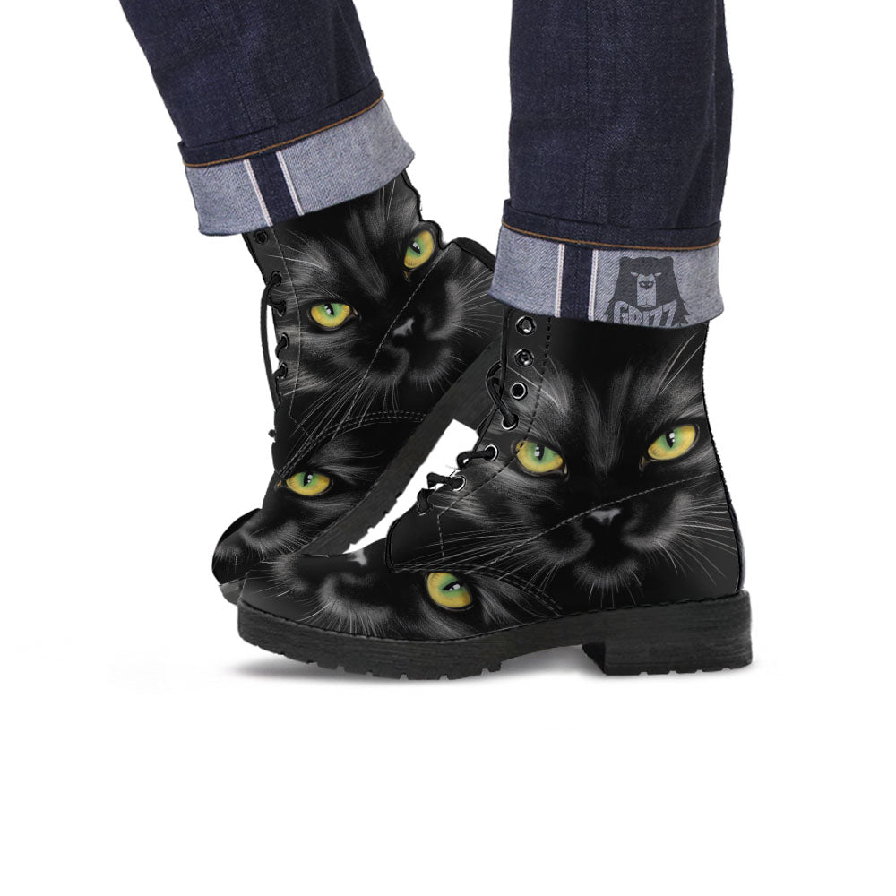 Drawing Portrait Black Cat Print Leather Boots-grizzshop