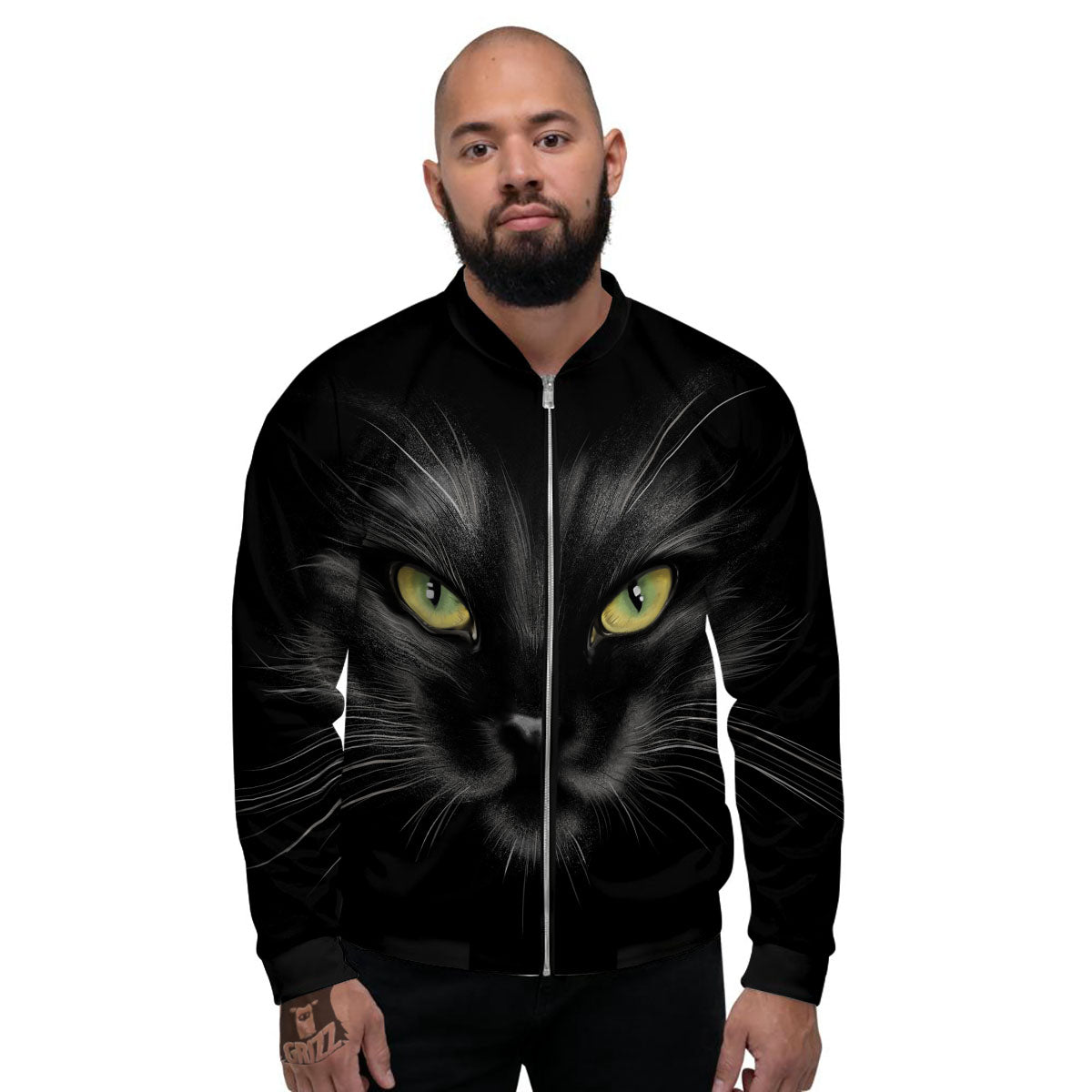 Drawing Portrait Black Cat Print Men's Bomber Jacket-grizzshop