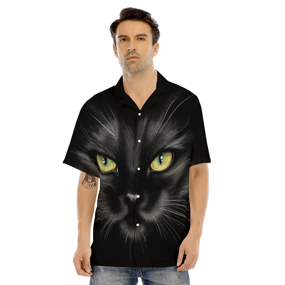 Drawing Portrait Black Cat Print Men's Hawaiian Shirt-grizzshop