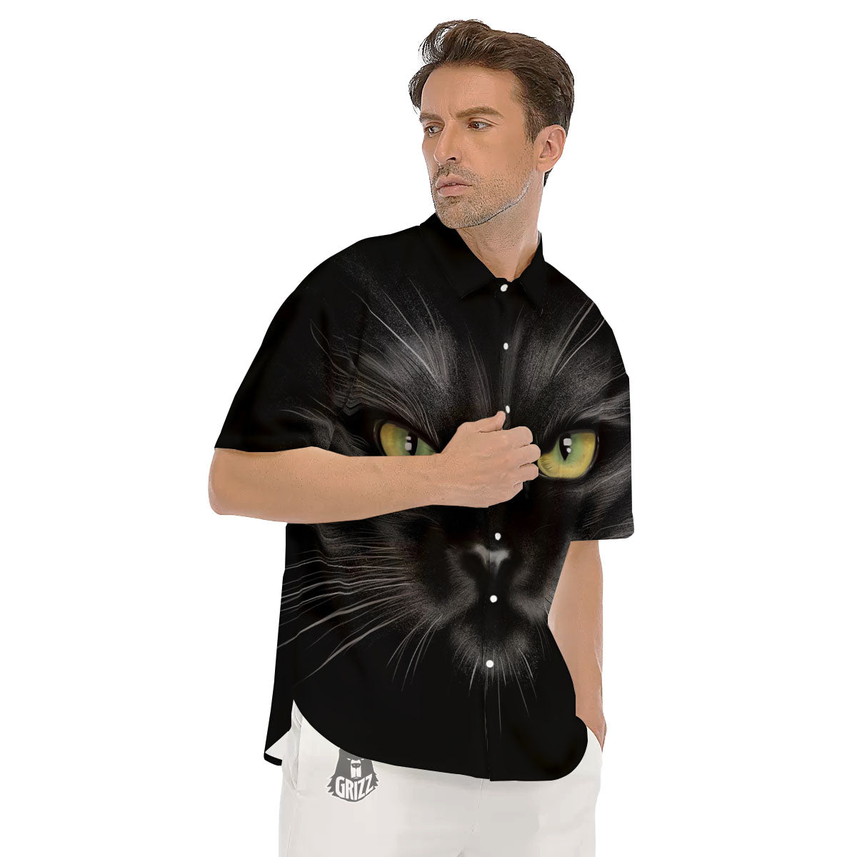 Drawing Portrait Black Cat Print Men's Short Sleeve Shirts-grizzshop