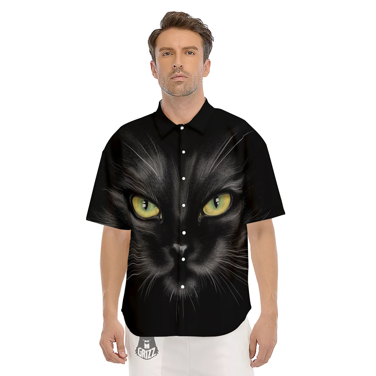 Drawing Portrait Black Cat Print Men's Short Sleeve Shirts-grizzshop