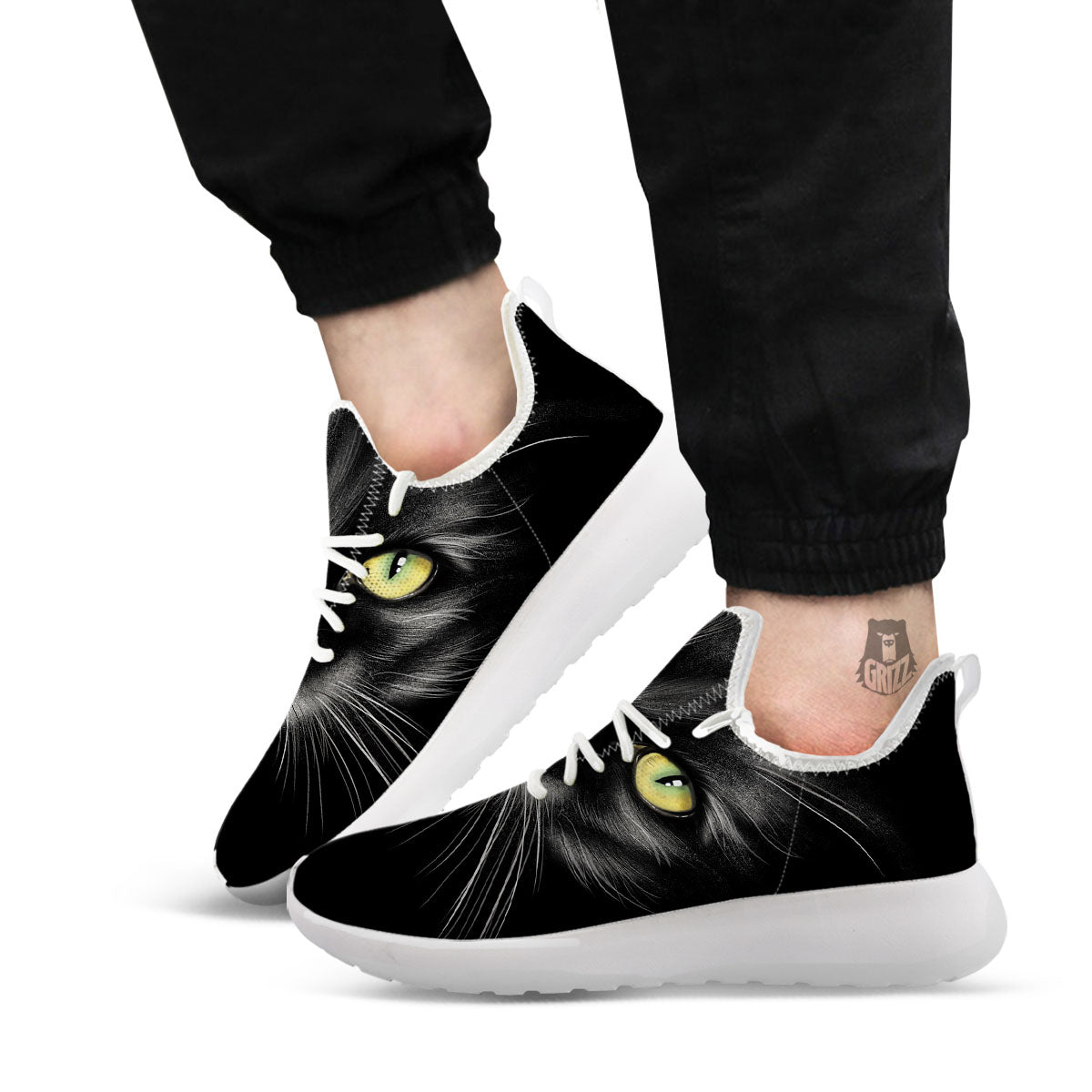 Drawing Portrait Black Cat Print White Athletic Shoes-grizzshop