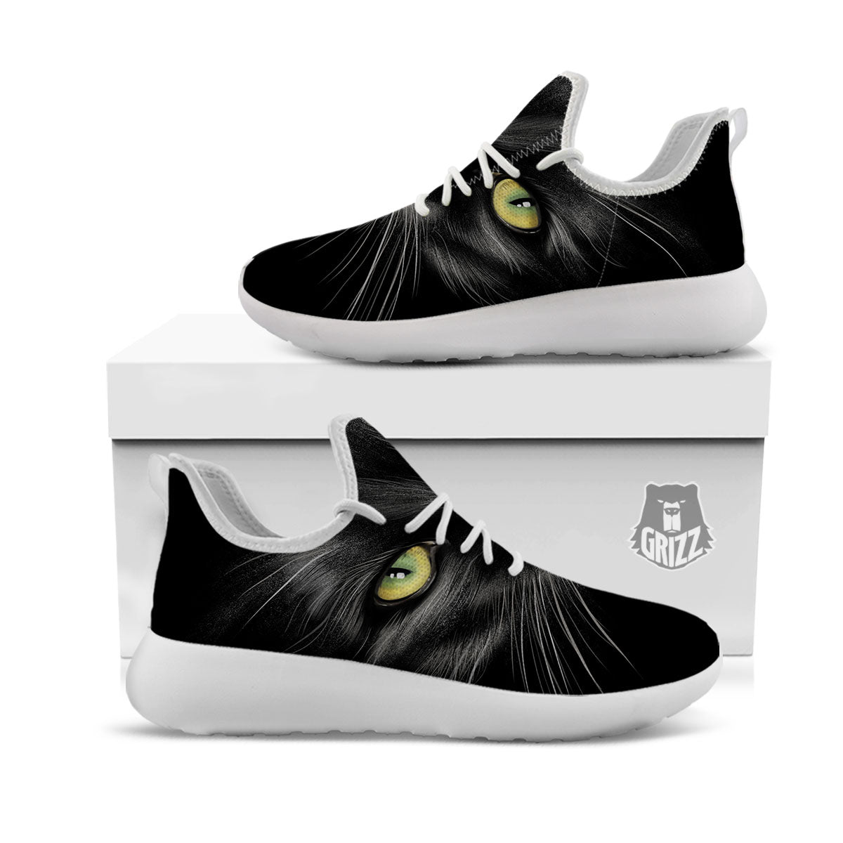 Drawing Portrait Black Cat Print White Athletic Shoes-grizzshop