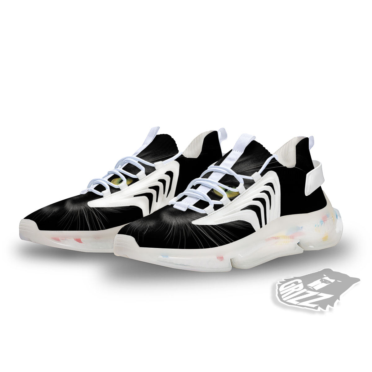 Drawing Portrait Black Cat Print White Gym Shoes-grizzshop