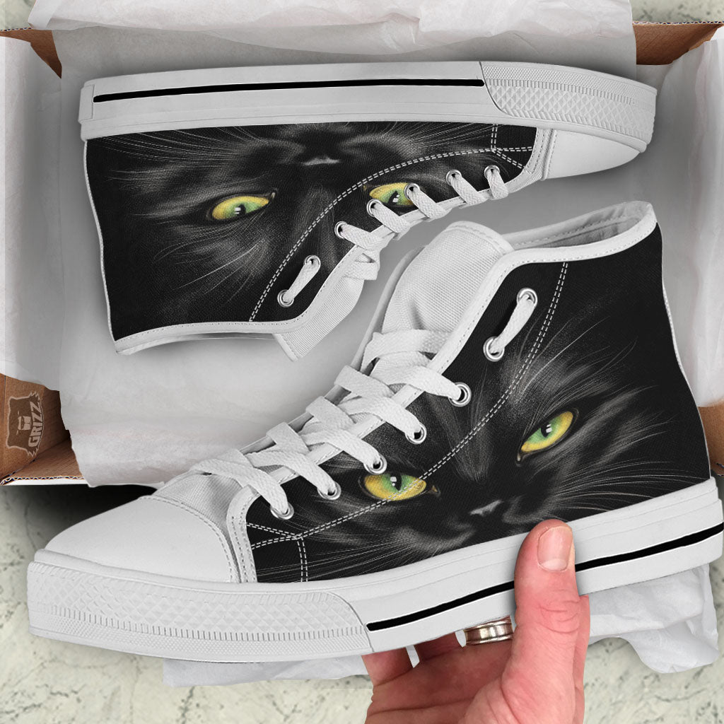 Drawing Portrait Black Cat Print White High Top Shoes-grizzshop