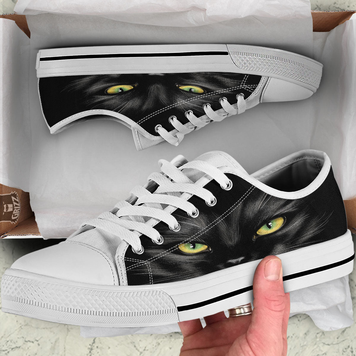 Drawing Portrait Black Cat Print White Low Top Shoes-grizzshop