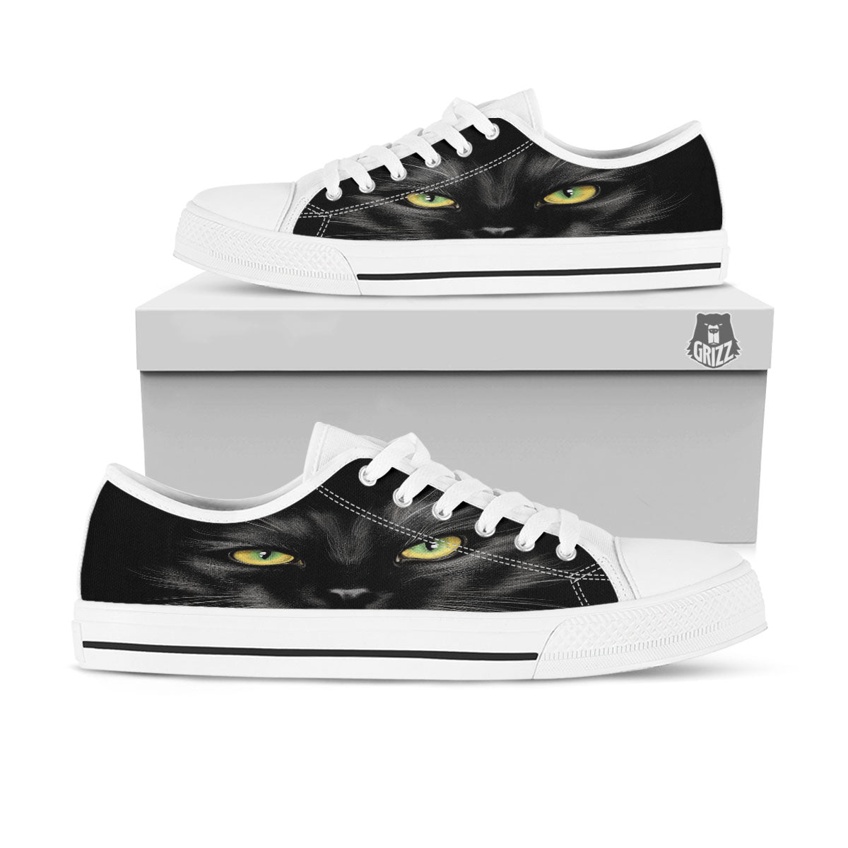 Drawing Portrait Black Cat Print White Low Top Shoes-grizzshop