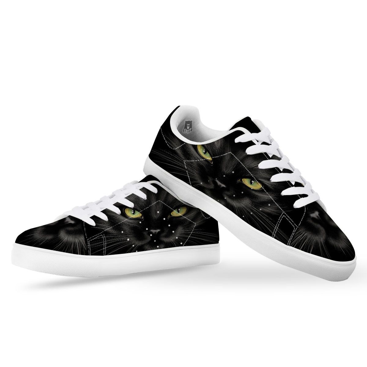 Drawing Portrait Black Cat Print White Low Top Sneakers-grizzshop