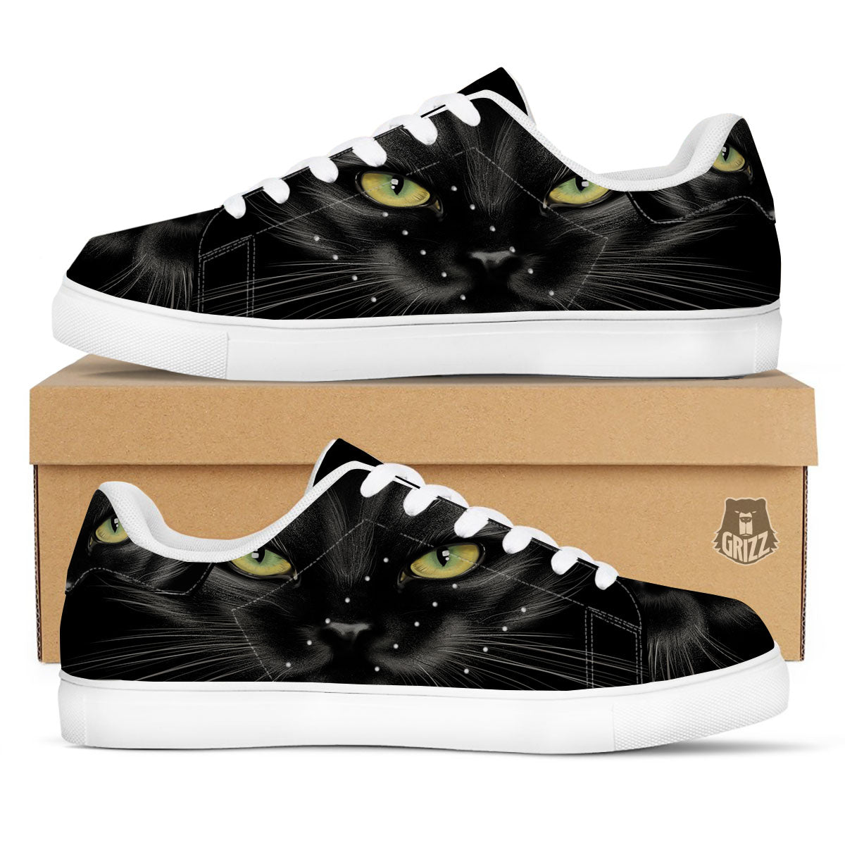 Drawing Portrait Black Cat Print White Low Top Sneakers-grizzshop