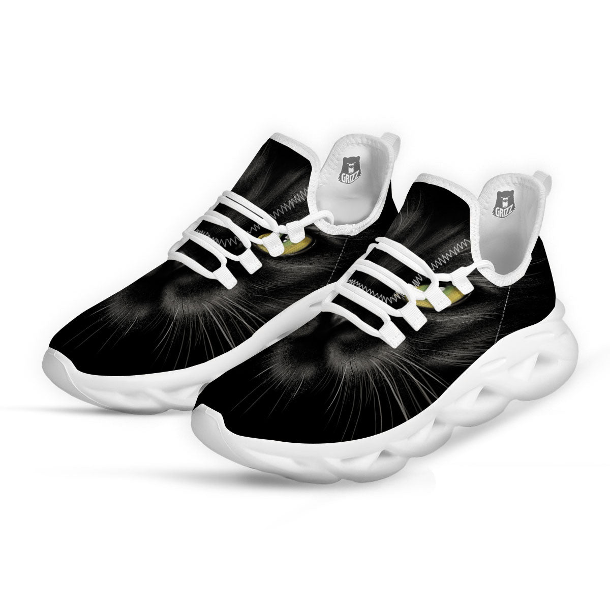 Drawing Portrait Black Cat Print White Running Shoes-grizzshop