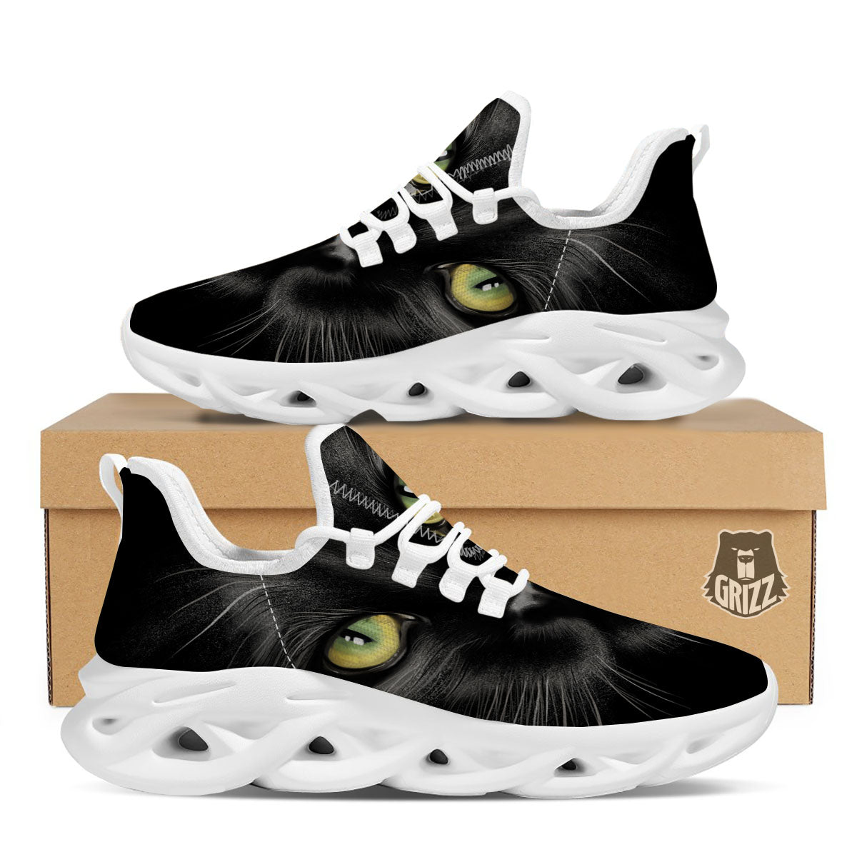 Drawing Portrait Black Cat Print White Running Shoes-grizzshop