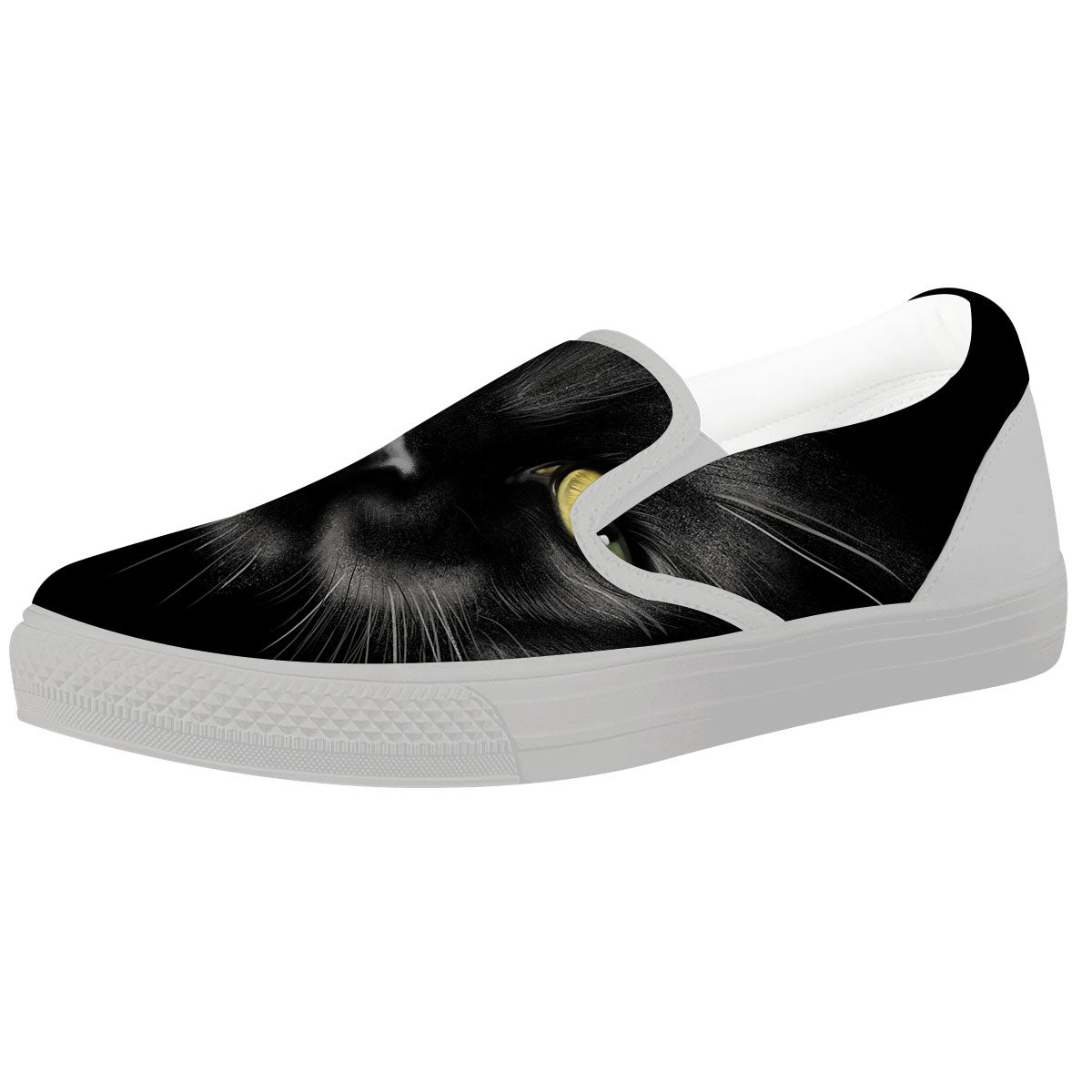 Drawing Portrait Black Cat Print White Slip On Shoes-grizzshop