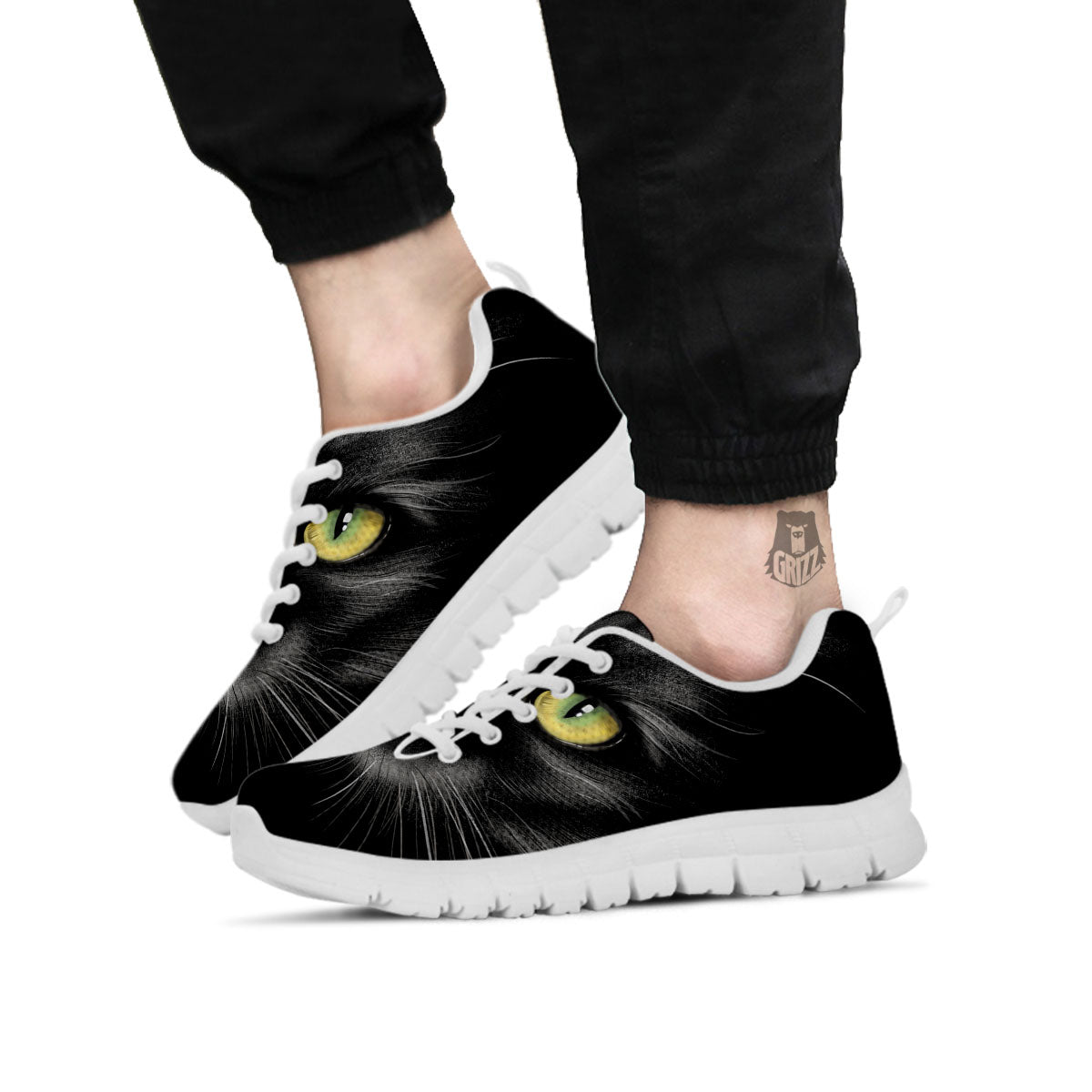 Drawing Portrait Black Cat Print White Sneaker-grizzshop