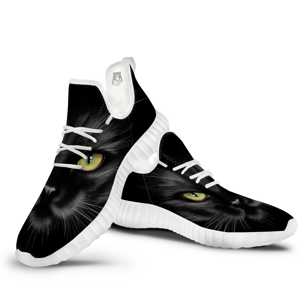 Drawing Portrait Black Cat Print White Walking Shoes-grizzshop