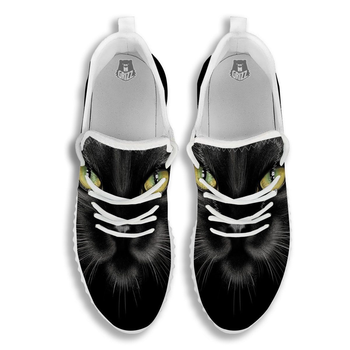 Drawing Portrait Black Cat Print White Walking Shoes-grizzshop