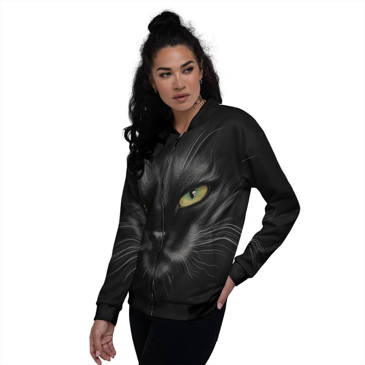 Drawing Portrait Black Cat Print Women's Bomber Jacket-grizzshop