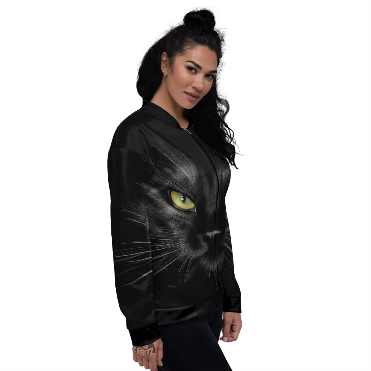 Drawing Portrait Black Cat Print Women's Bomber Jacket-grizzshop