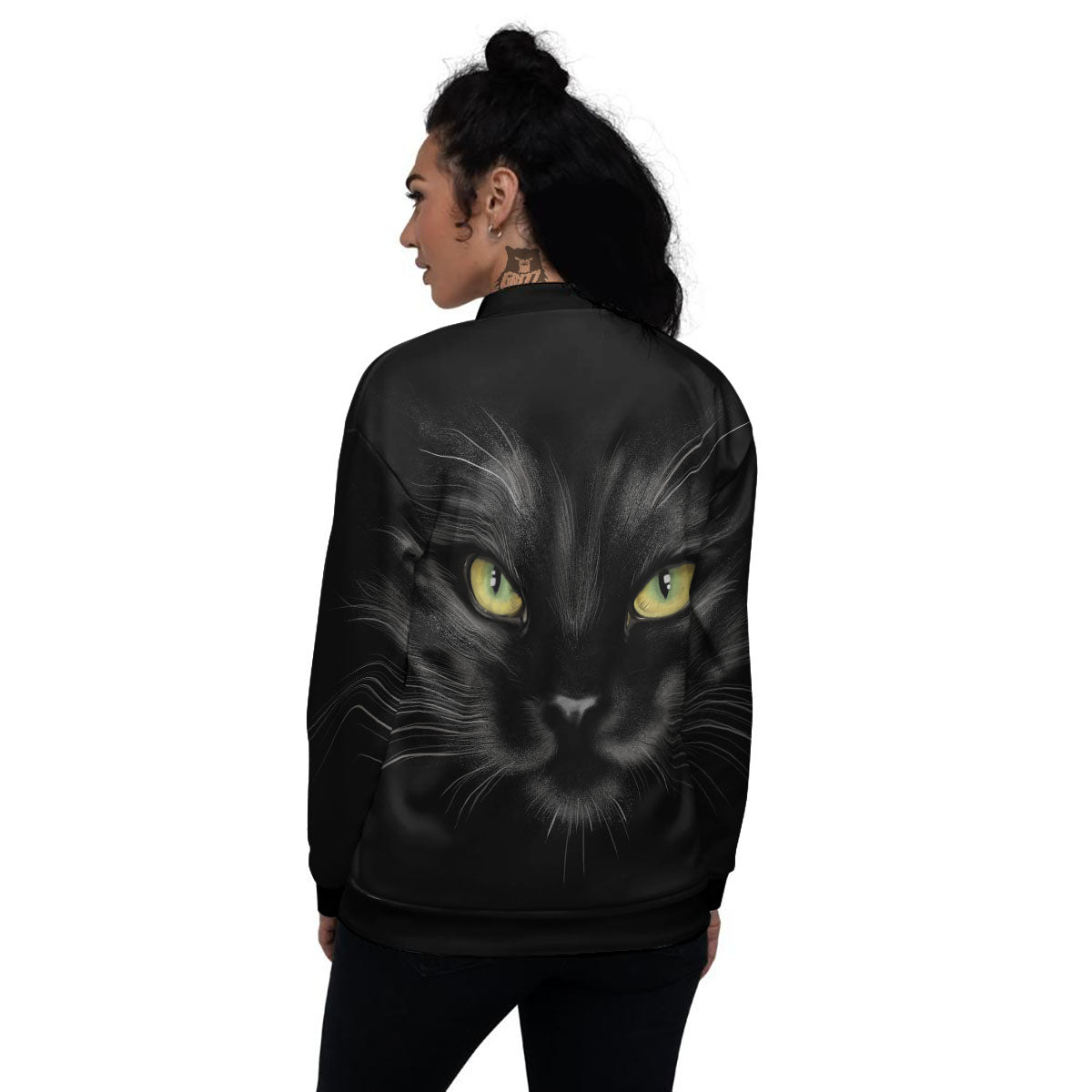 Drawing Portrait Black Cat Print Women's Bomber Jacket-grizzshop