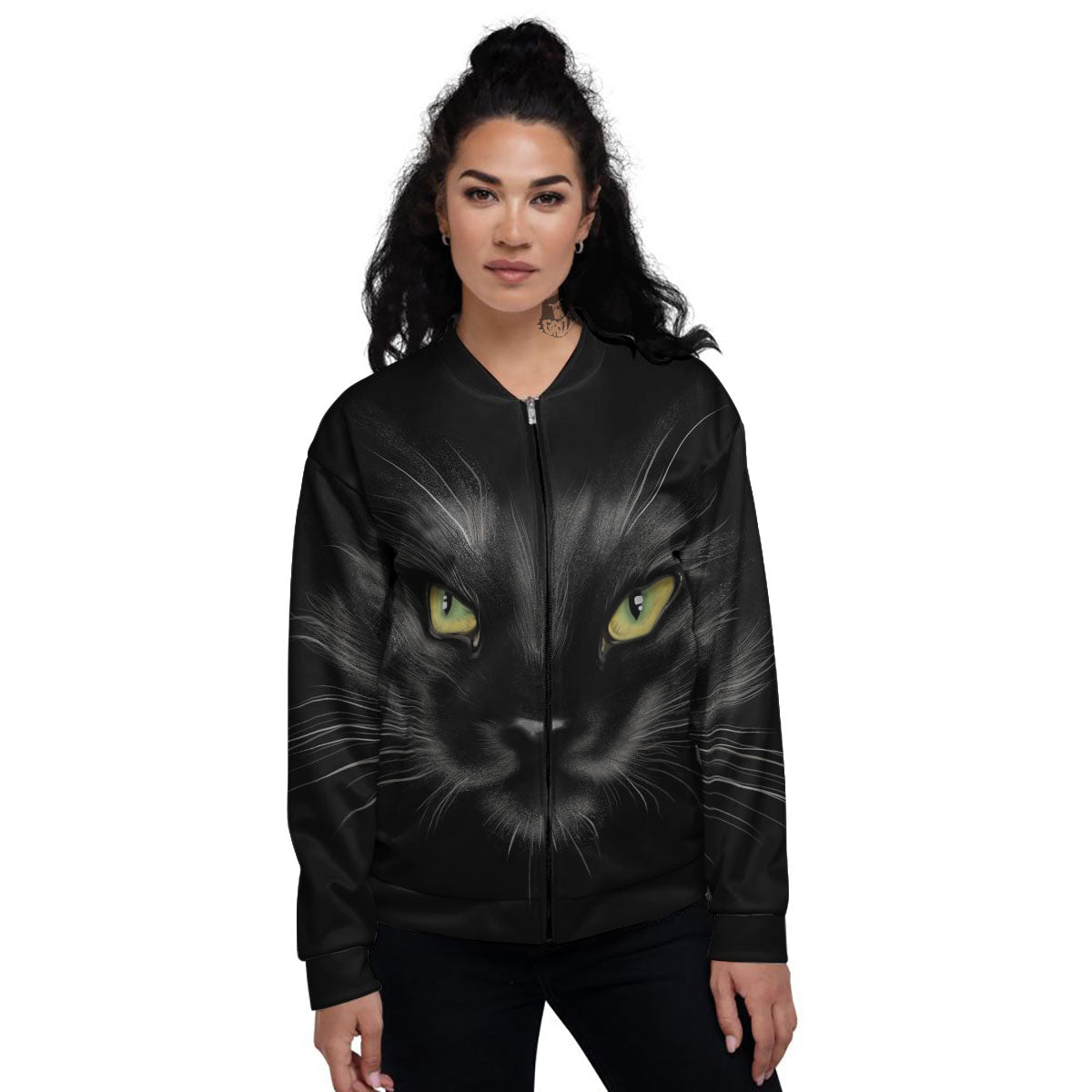 Drawing Portrait Black Cat Print Women's Bomber Jacket-grizzshop