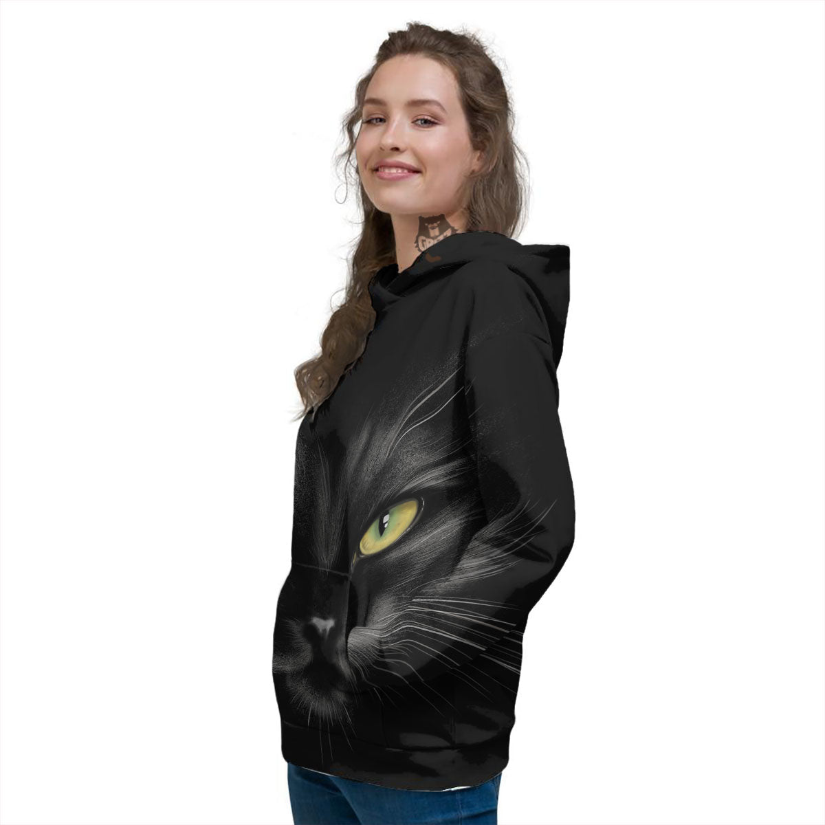 Drawing Portrait Black Cat Print Women's Hoodie-grizzshop