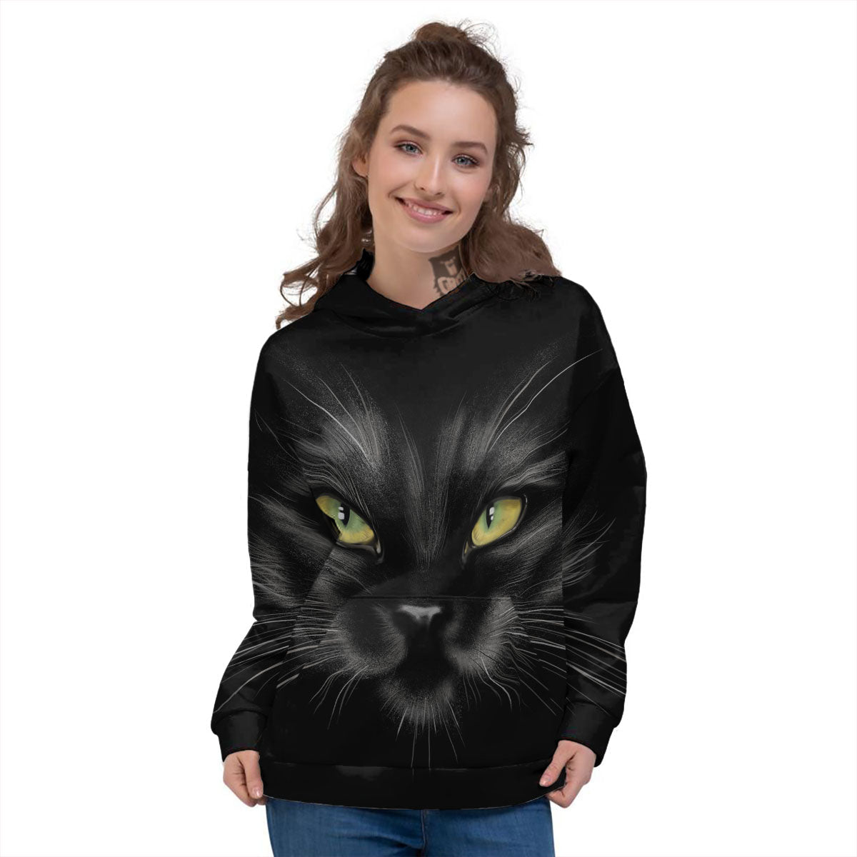 Drawing Portrait Black Cat Print Women's Hoodie-grizzshop
