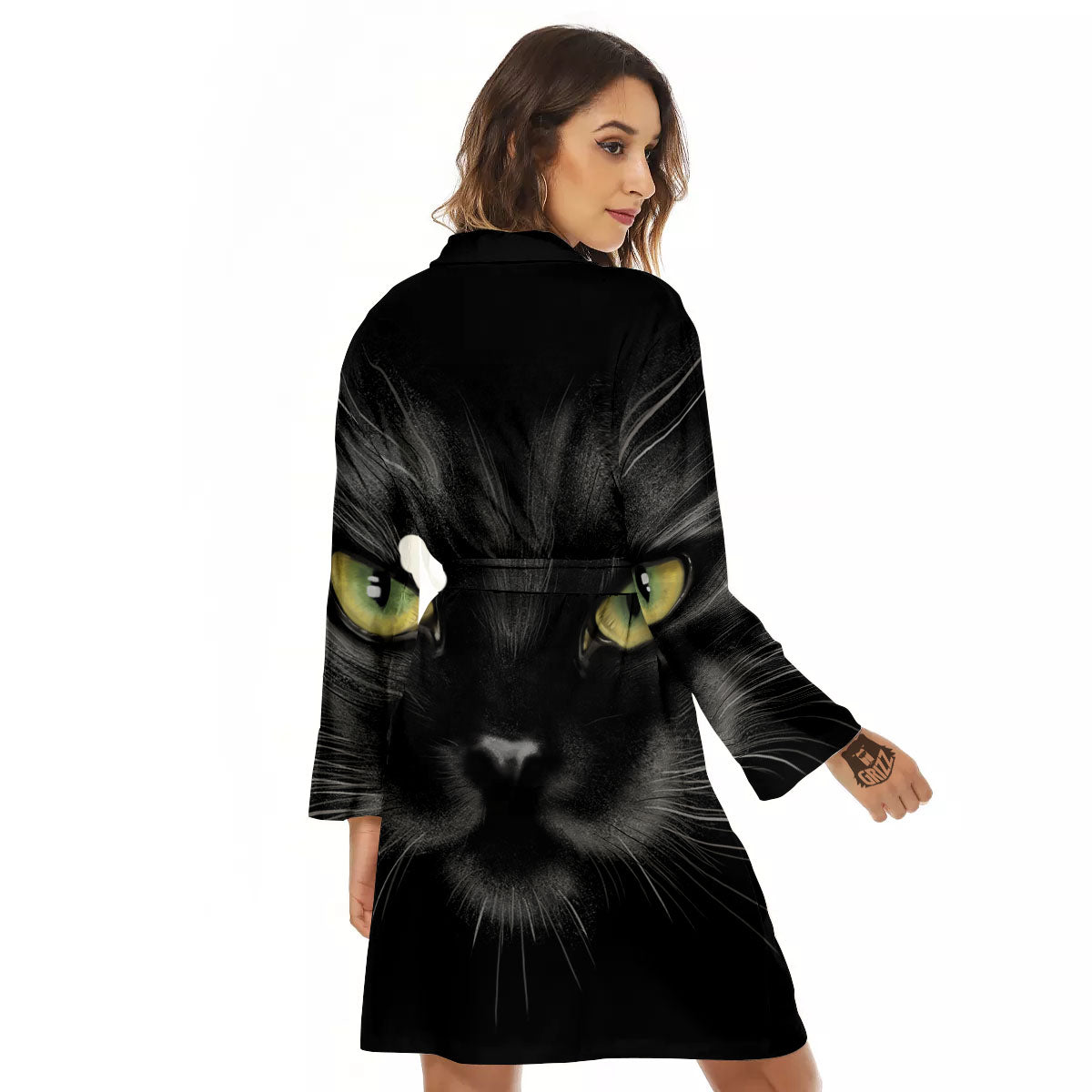 Drawing Portrait Black Cat Print Women's Robe-grizzshop