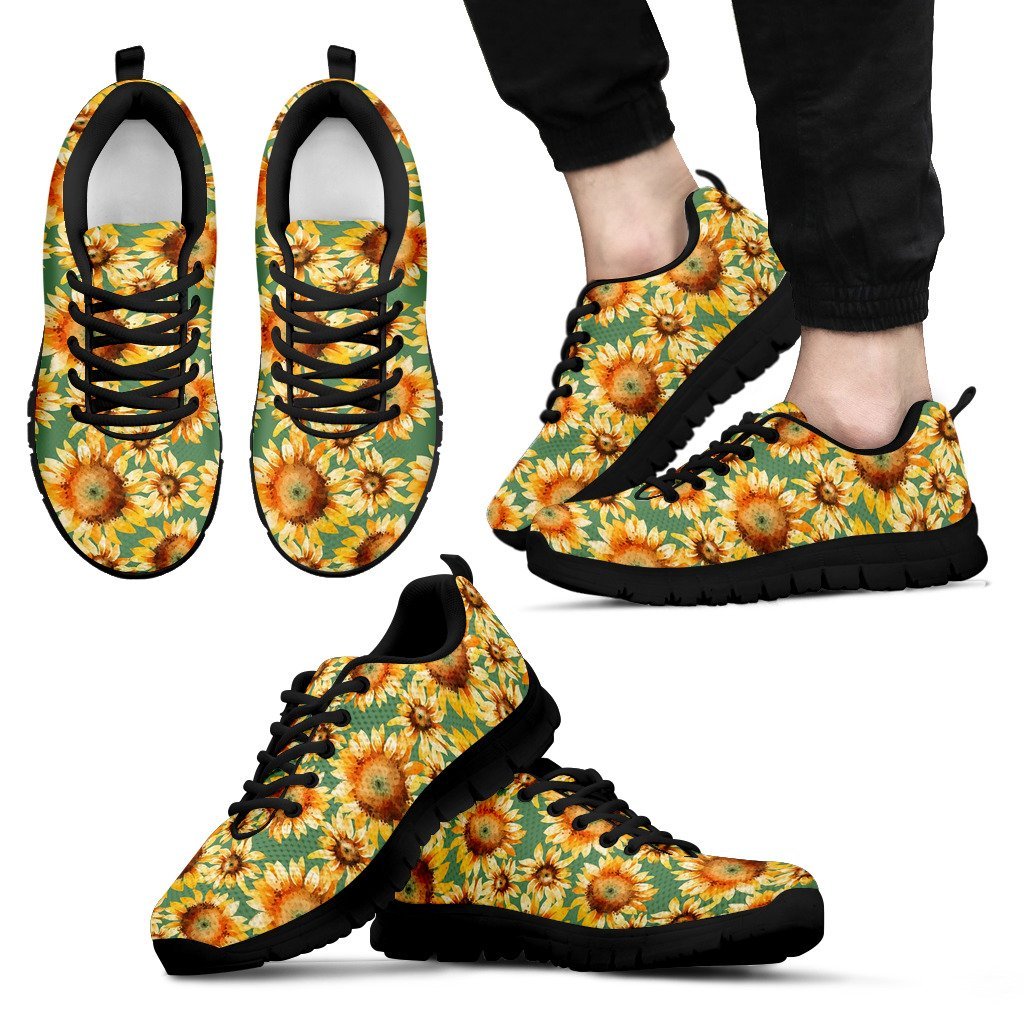 Drawing Sunflower Print Pattern Black Sneaker Shoes For Men Women-grizzshop