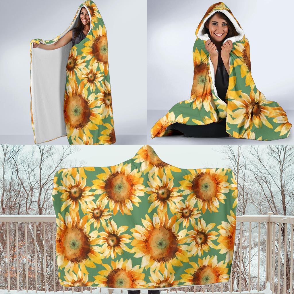 Drawing Sunflower Print Pattern Hooded Blanket-grizzshop