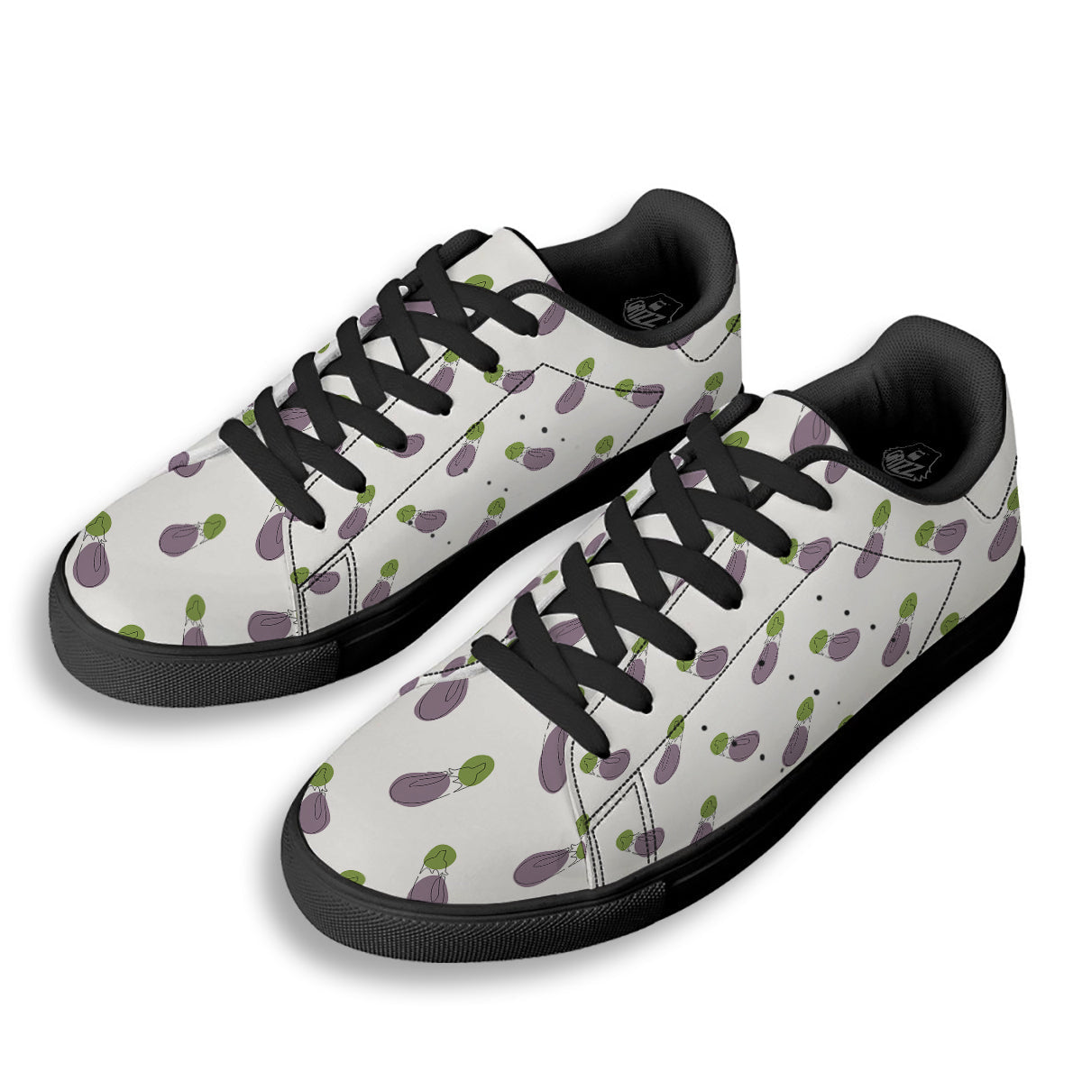 Drawing White Eggplant Print Pattern Black Low Top Sneakers-grizzshop