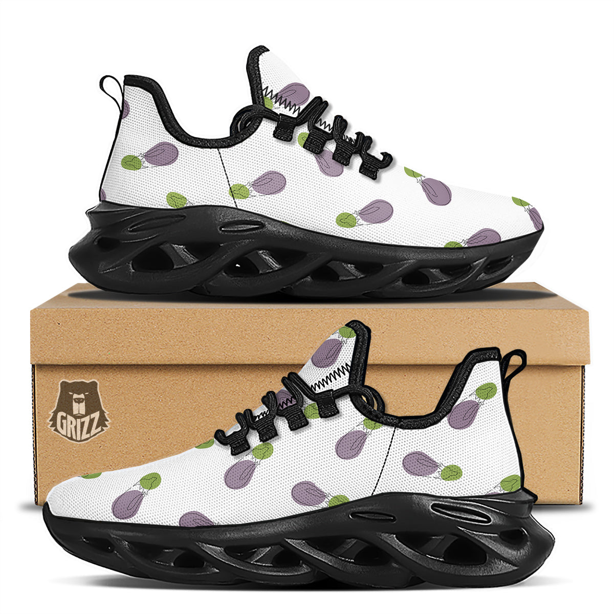 Drawing White Eggplant Print Pattern Black Running Shoes-grizzshop