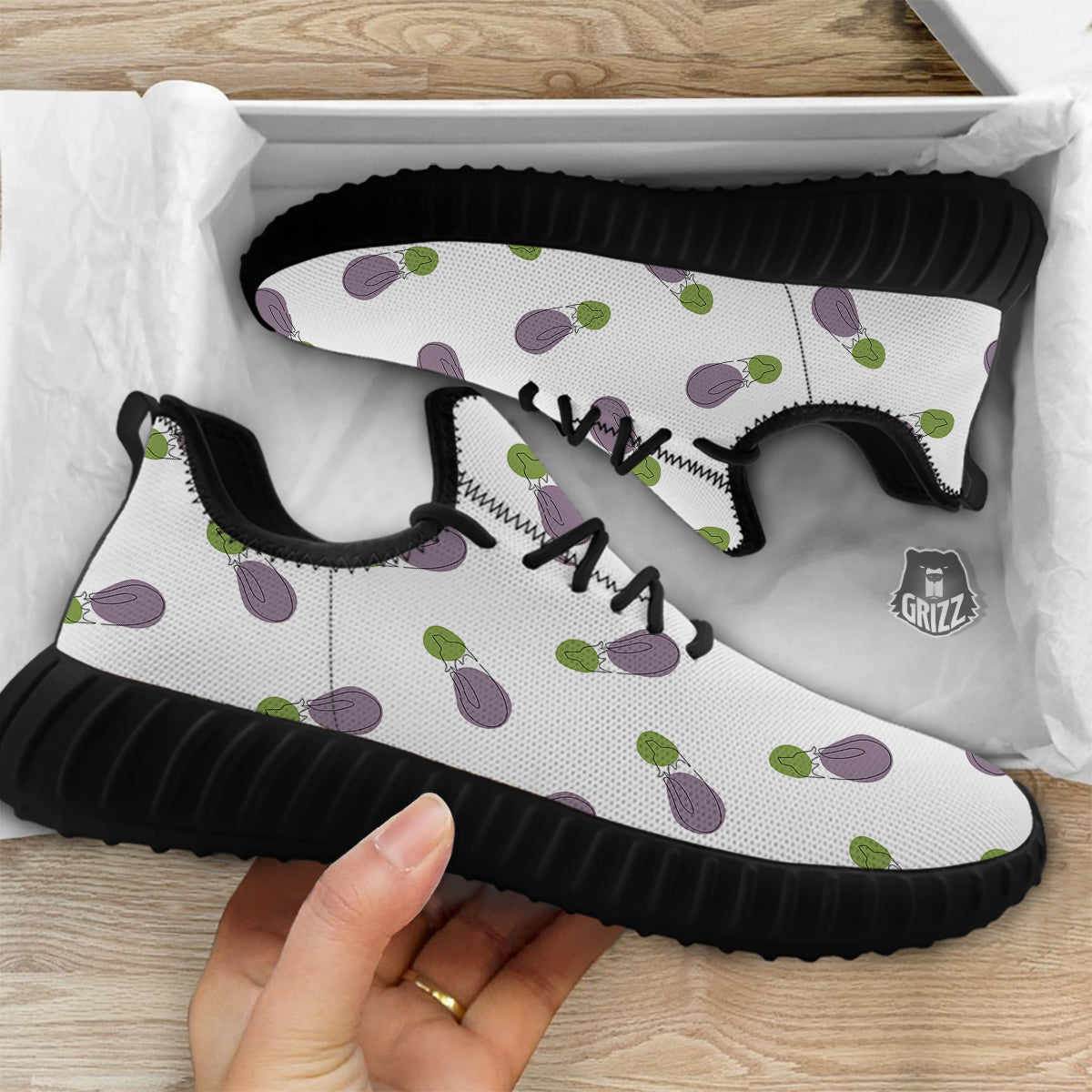 Drawing White Eggplant Print Pattern Black Walking Shoes-grizzshop