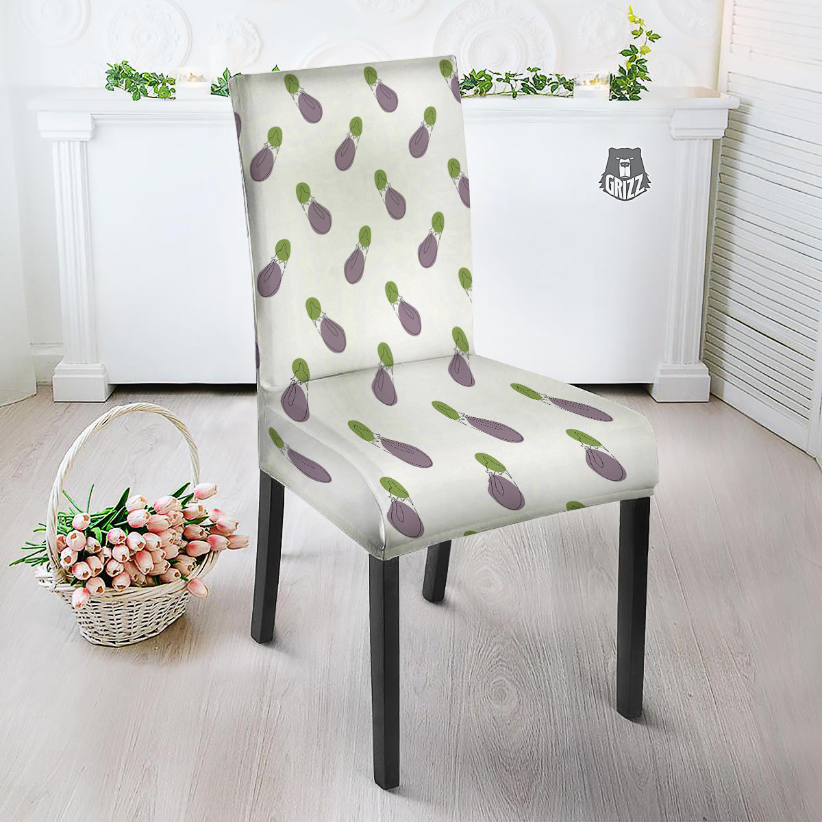 Drawing White Eggplant Print Pattern Dining Chair Slipcover-grizzshop