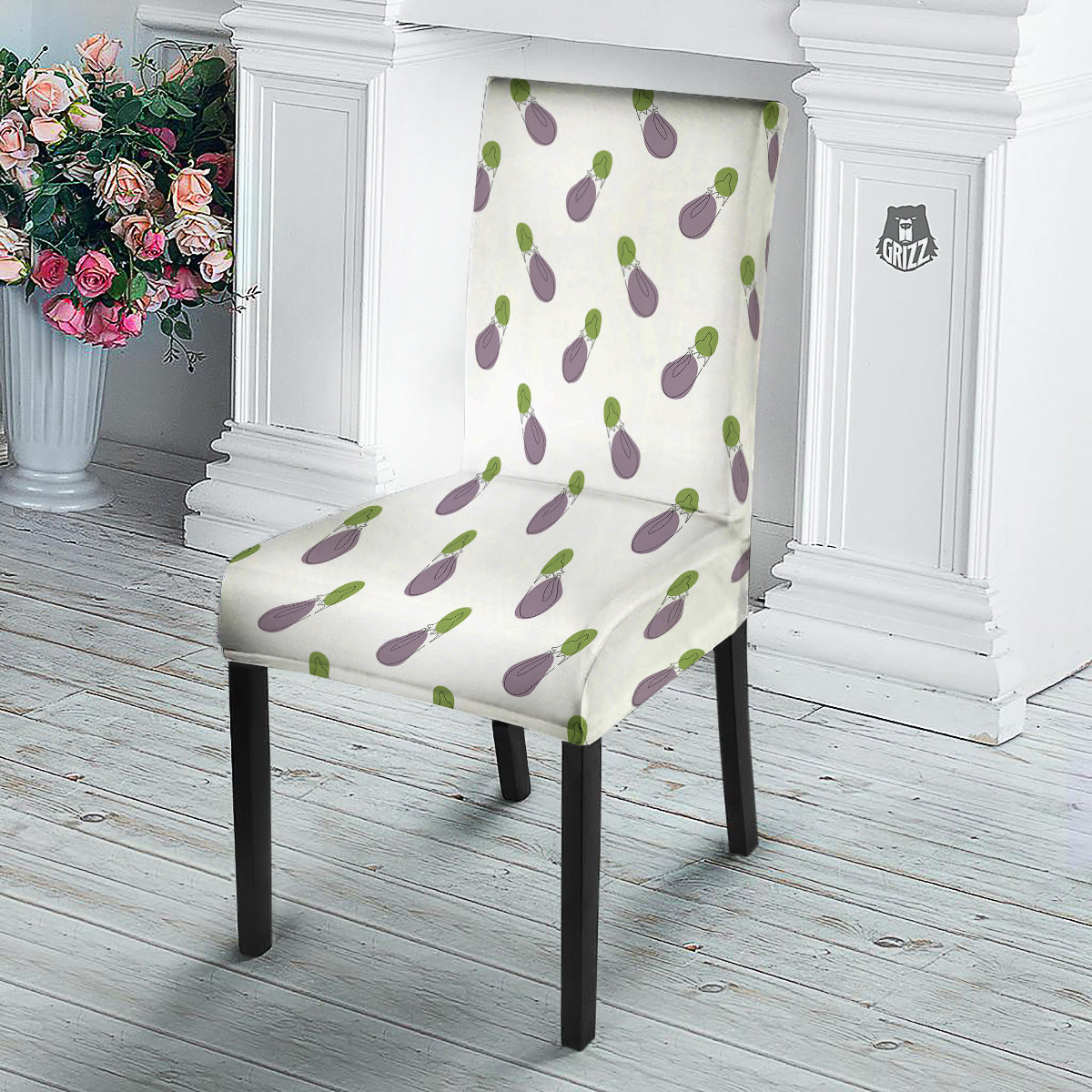 Drawing White Eggplant Print Pattern Dining Chair Slipcover-grizzshop
