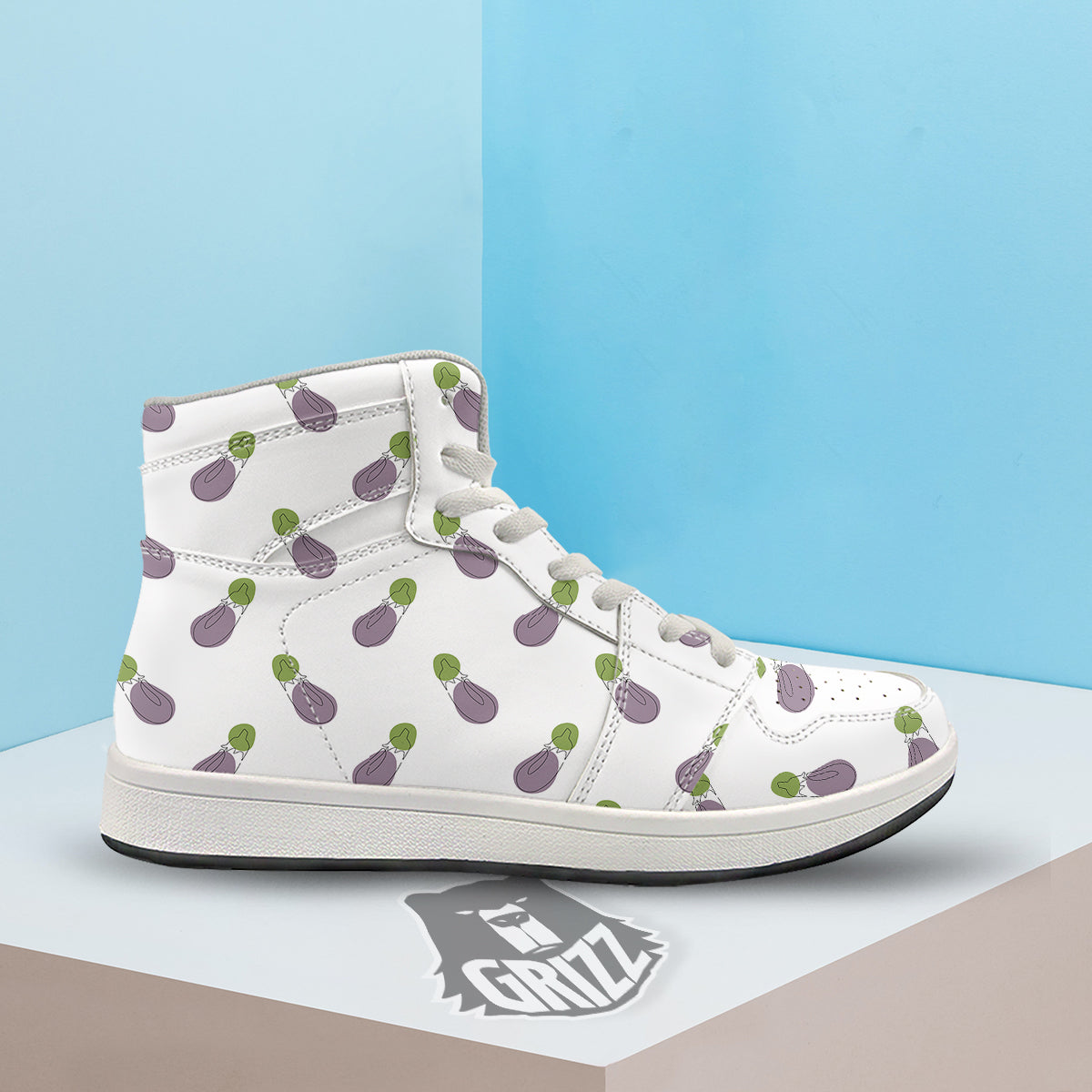 Drawing White Eggplant Print Pattern High Top Sneakers-grizzshop