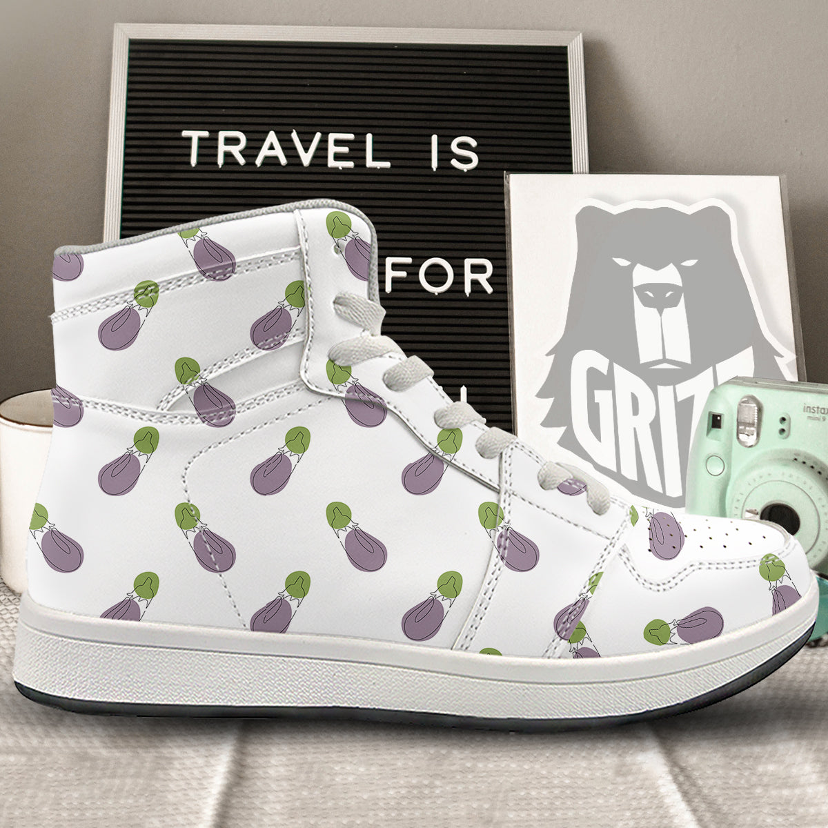 Drawing White Eggplant Print Pattern High Top Sneakers-grizzshop