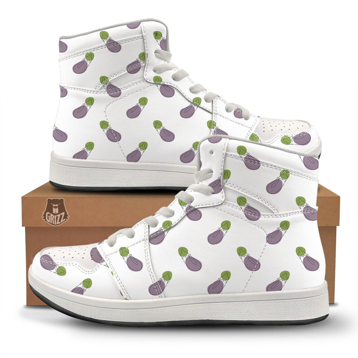 Drawing White Eggplant Print Pattern High Top Sneakers-grizzshop