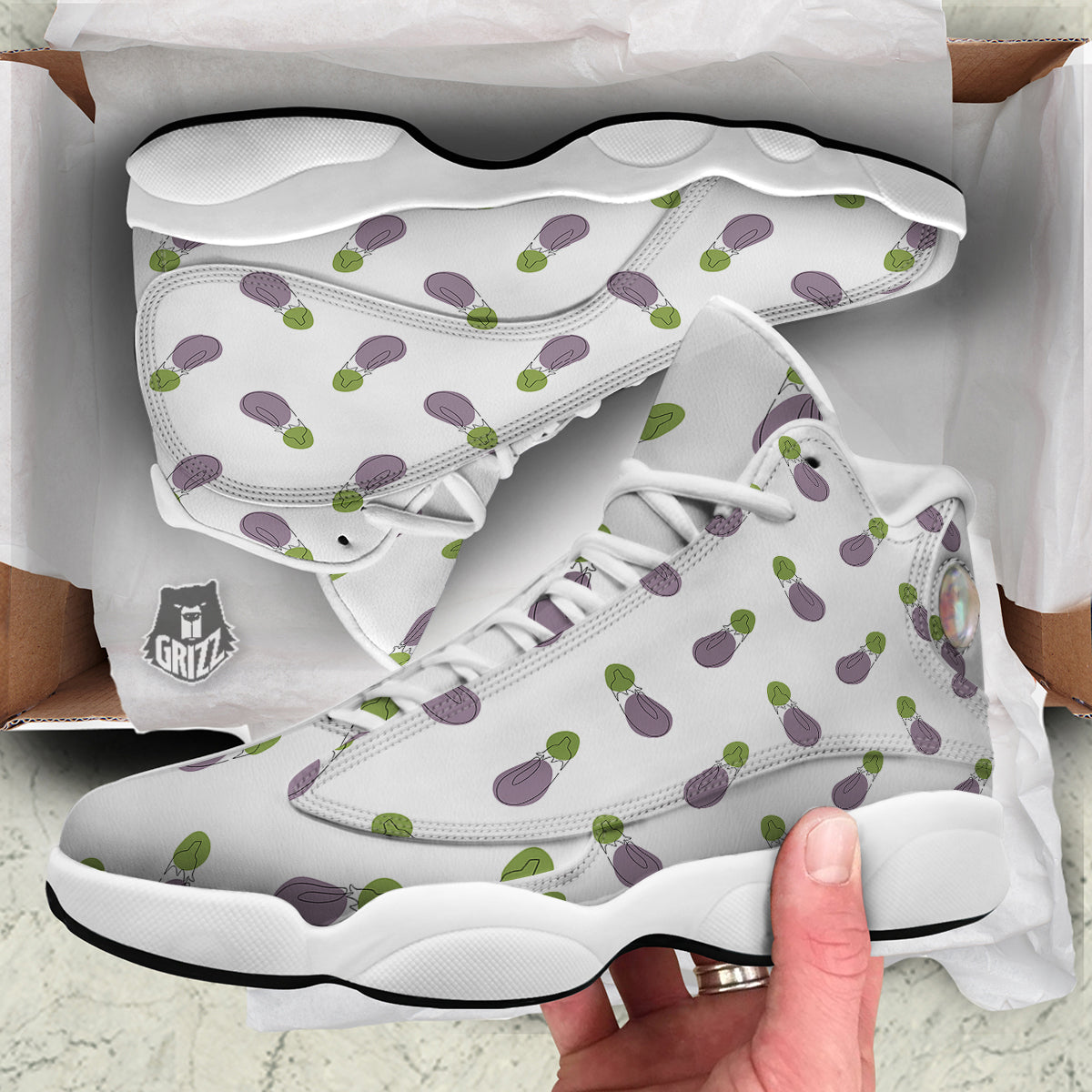 Drawing White Eggplant Print Pattern White Basketball Shoes-grizzshop