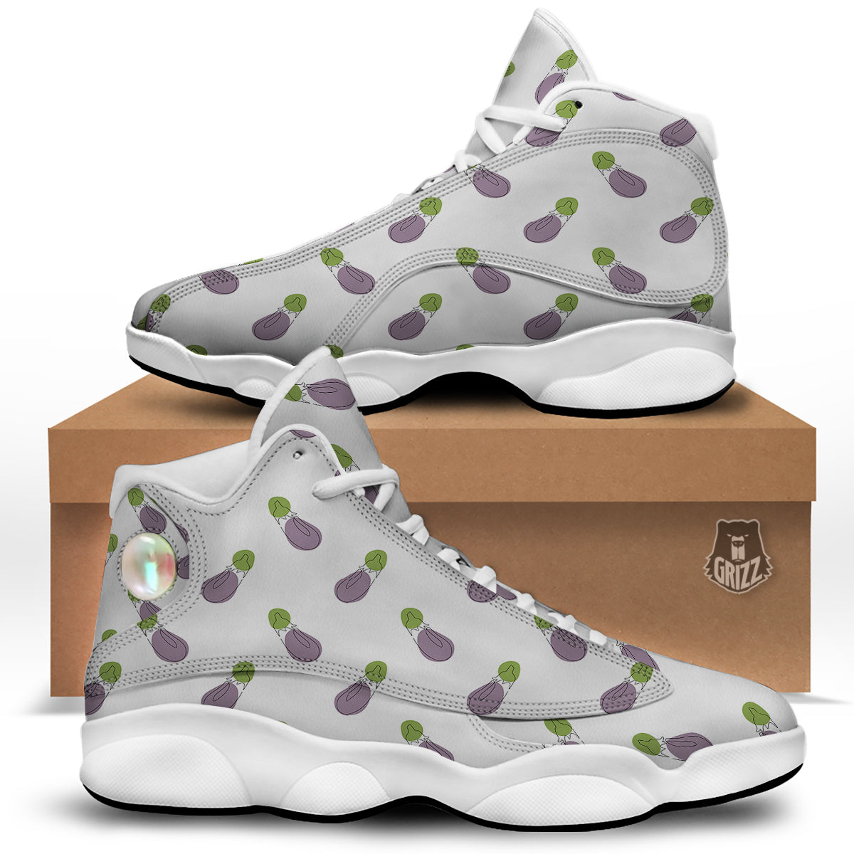 Drawing White Eggplant Print Pattern White Basketball Shoes-grizzshop