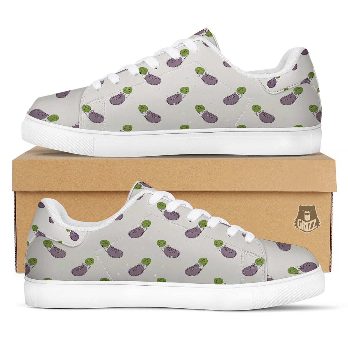 Drawing White Eggplant Print Pattern White Low Top Sneakers-grizzshop