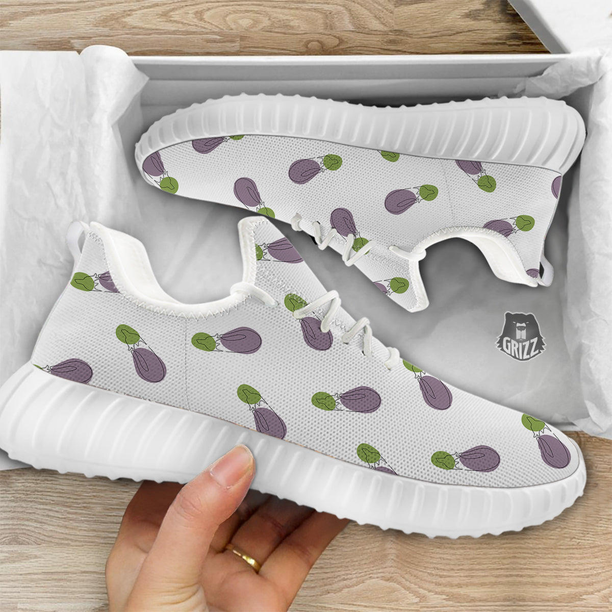 Drawing White Eggplant Print Pattern White Walking Shoes-grizzshop